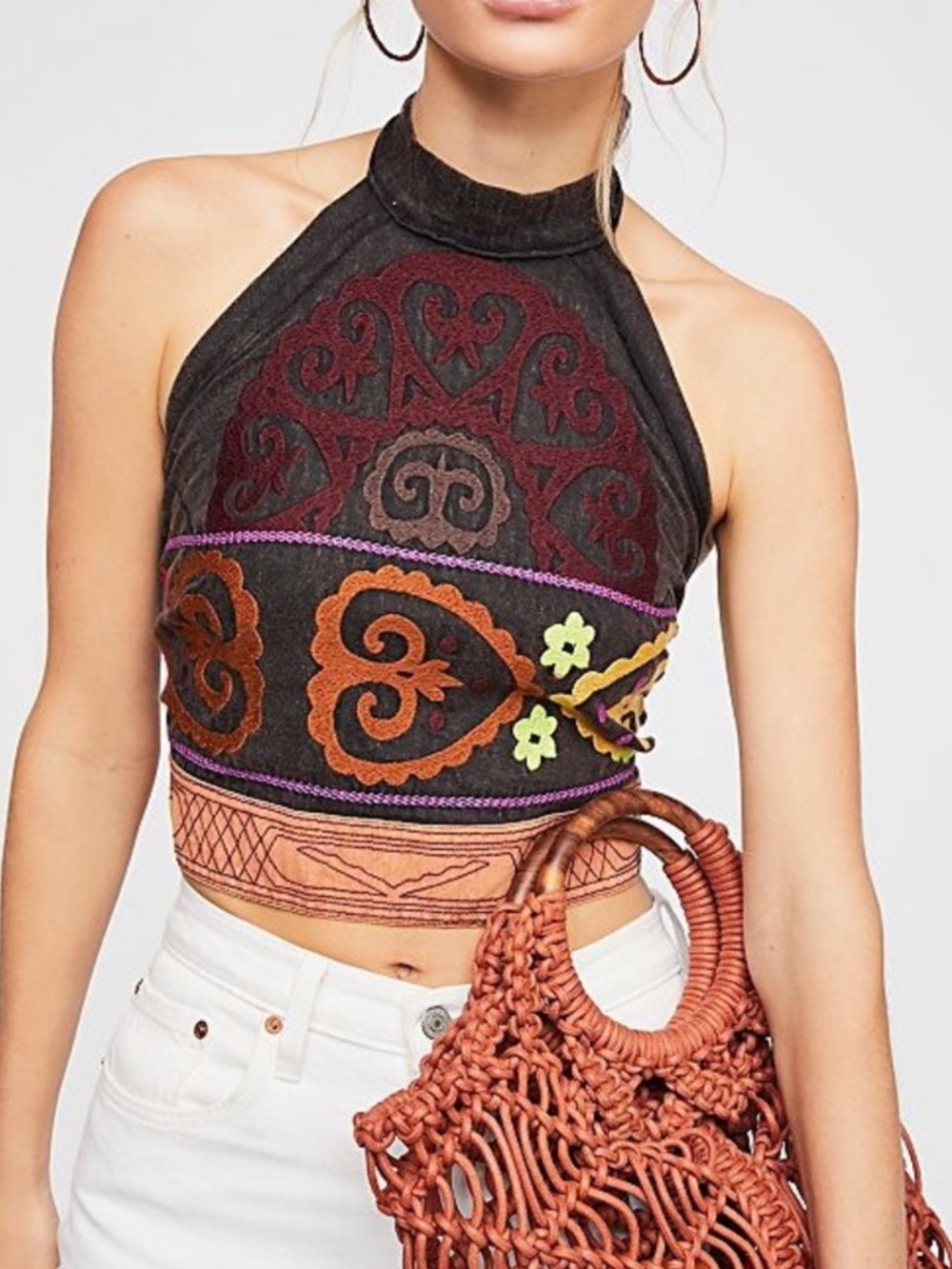 We The Free Black Multicolor Embroidered Halter Crop Top